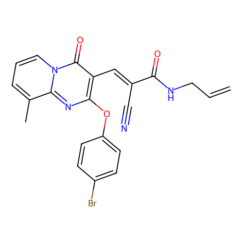 (2E)-3-[2-(4-bromophenoxy)-9-methyl-4-oxo-4H-pyrido[1,2-a]pyrimidin-3-yl]-2-cyano-N-(prop-2-en-1-yl)prop-2-enamide structure