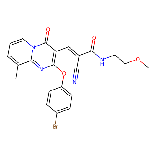 (2E)-3-[2-(4-bromophenoxy)-9-methyl-4-oxo-4H-pyrido[1,2-a]pyrimidin-3-yl]-2-cyano-N-(2-methoxyethyl)prop-2-enamide structure