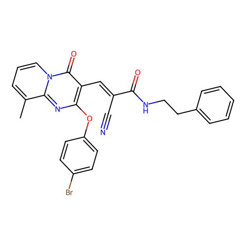 (2E)-3-[2-(4-bromophenoxy)-9-methyl-4-oxo-4H-pyrido[1,2-a]pyrimidin-3-yl]-2-cyano-N-(2-phenylethyl)prop-2-enamide structure
