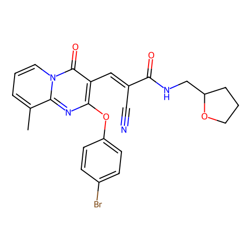 (2E)-3-[2-(4-bromophenoxy)-9-methyl-4-oxo-4H-pyrido[1,2-a]pyrimidin-3-yl]-2-cyano-N-(tetrahydrofuran-2-ylmethyl)prop-2-enamide structure