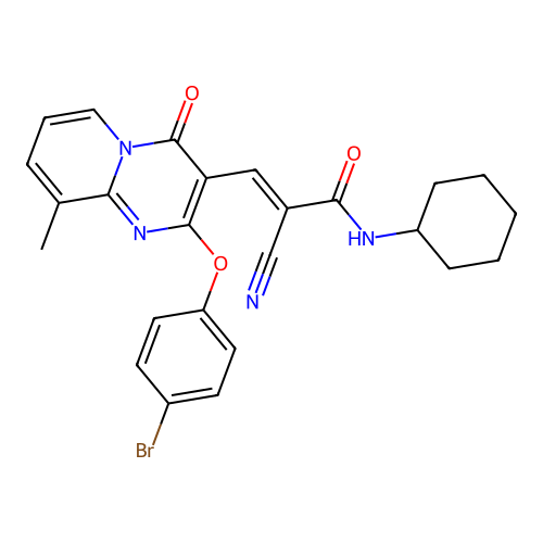 (2E)-3-[2-(4-bromophenoxy)-9-methyl-4-oxo-4H-pyrido[1,2-a]pyrimidin-3-yl]-2-cyano-N-cyclohexylprop-2-enamide structure