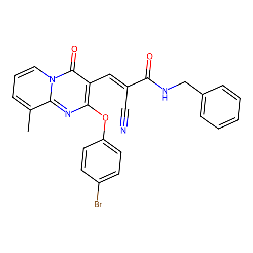 (2E)-N-benzyl-3-[2-(4-bromophenoxy)-9-methyl-4-oxo-4H-pyrido[1,2-a]pyrimidin-3-yl]-2-cyanoprop-2-enamide structure