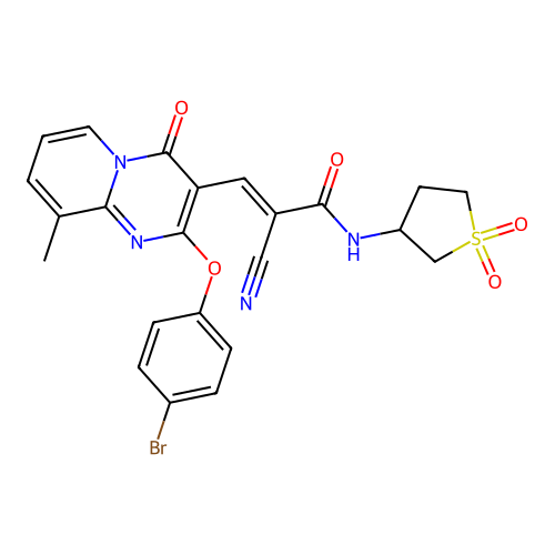 (2E)-3-[2-(4-bromophenoxy)-9-methyl-4-oxo-4H-pyrido[1,2-a]pyrimidin-3-yl]-2-cyano-N-(1,1-dioxidotetrahydrothiophen-3-yl)prop-2-enamide structure