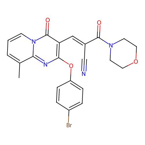 (2E)-3-[2-(4-bromophenoxy)-9-methyl-4-oxo-4H-pyrido[1,2-a]pyrimidin-3-yl]-2-(morpholin-4-ylcarbonyl)prop-2-enenitrile structure