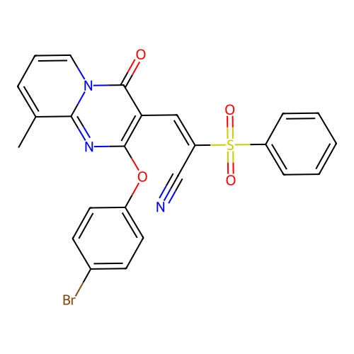 (2E)-3-[2-(4-bromophenoxy)-9-methyl-4-oxo-4H-pyrido[1,2-a]pyrimidin-3-yl]-2-(phenylsulfonyl)prop-2-enenitrile structure