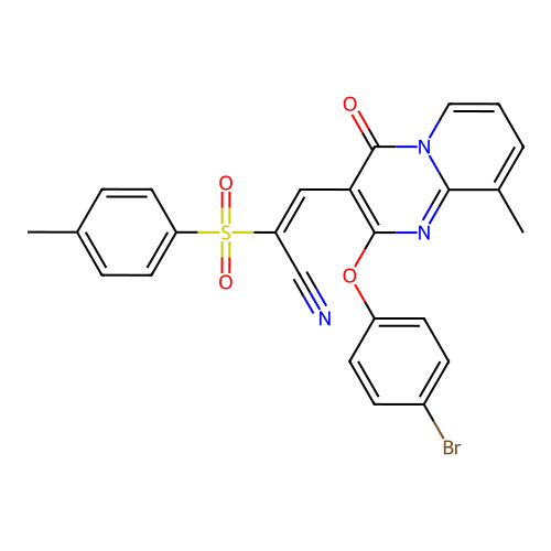 (2E)-3-[2-(4-bromophenoxy)-9-methyl-4-oxo-4H-pyrido[1,2-a]pyrimidin-3-yl]-2-[(4-methylphenyl)sulfonyl]prop-2-enenitrile structure
