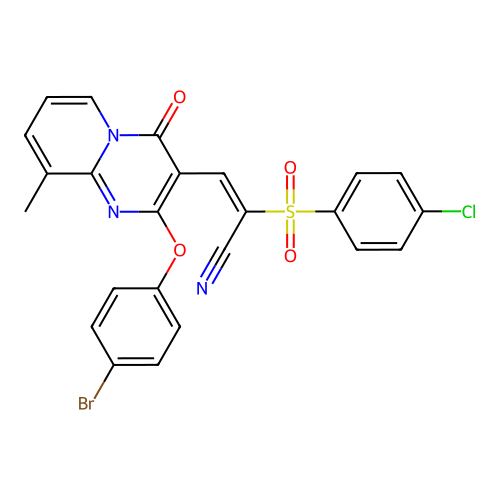 (E)-3-(2-(4-bromophenoxy)-9-methyl-4-oxo-4H-pyrido[1,2-a]pyrimidin-3-yl)-2-((4-chlorophenyl)sulfonyl)acrylonitrile structure