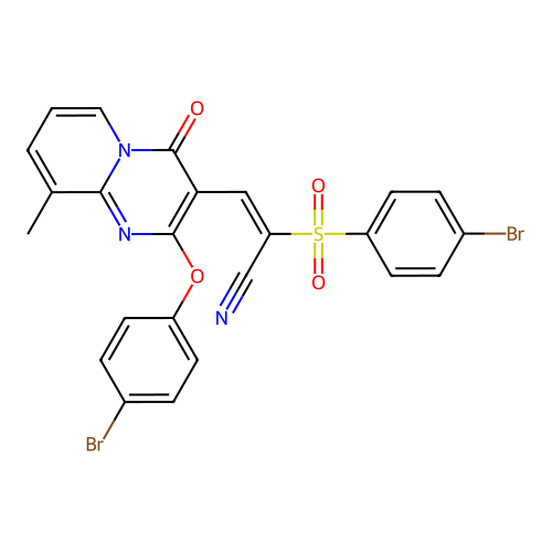 (E)-3-(2-(4-bromophenoxy)-9-methyl-4-oxo-4H-pyrido[1,2-a]pyrimidin-3-yl)-2-((4-bromophenyl)sulfonyl)acrylonitrile structure