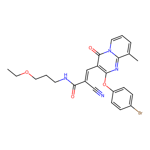 (2E)-3-[2-(4-bromophenoxy)-9-methyl-4-oxo-4H-pyrido[1,2-a]pyrimidin-3-yl]-2-cyano-N-(3-ethoxypropyl)prop-2-enamide structure