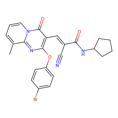 (2E)-3-[2-(4-bromophenoxy)-9-methyl-4-oxo-4H-pyrido[1,2-a]pyrimidin-3-yl]-2-cyano-N-cyclopentylprop-2-enamide structure