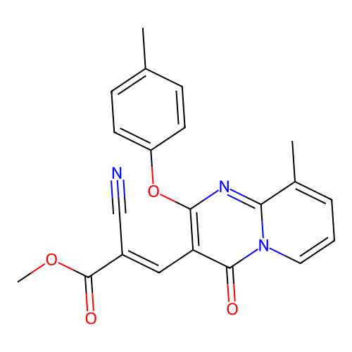 methyl (2E)-2-cyano-3-[9-methyl-2-(4-methylphenoxy)-4-oxo-4H-pyrido[1,2-a]pyrimidin-3-yl]prop-2-enoate structure