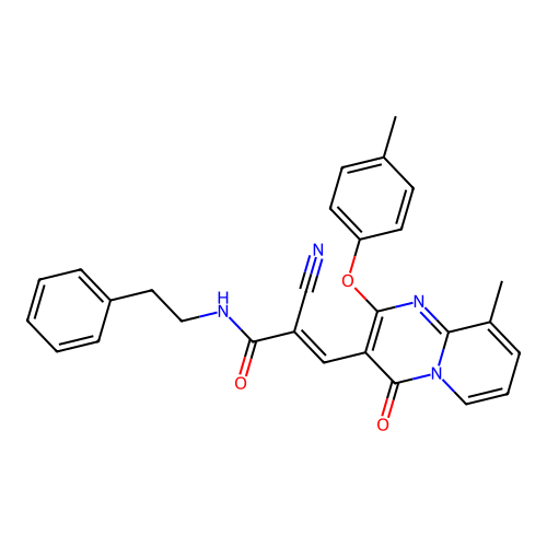 (2E)-2-cyano-3-[9-methyl-2-(4-methylphenoxy)-4-oxo-4H-pyrido[1,2-a]pyrimidin-3-yl]-N-(2-phenylethyl)prop-2-enamide structure