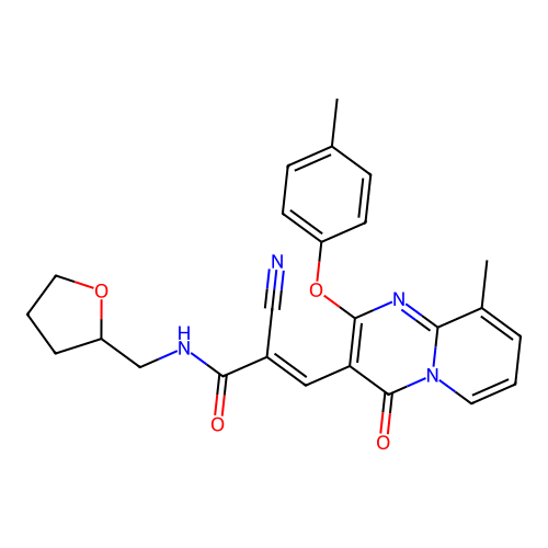 (2E)-2-cyano-3-[9-methyl-2-(4-methylphenoxy)-4-oxo-4H-pyrido[1,2-a]pyrimidin-3-yl]-N-(tetrahydrofuran-2-ylmethyl)prop-2-enamide structure