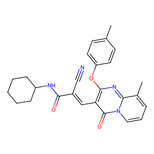 (2E)-2-cyano-N-cyclohexyl-3-[9-methyl-2-(4-methylphenoxy)-4-oxo-4H-pyrido[1,2-a]pyrimidin-3-yl]prop-2-enamide structure