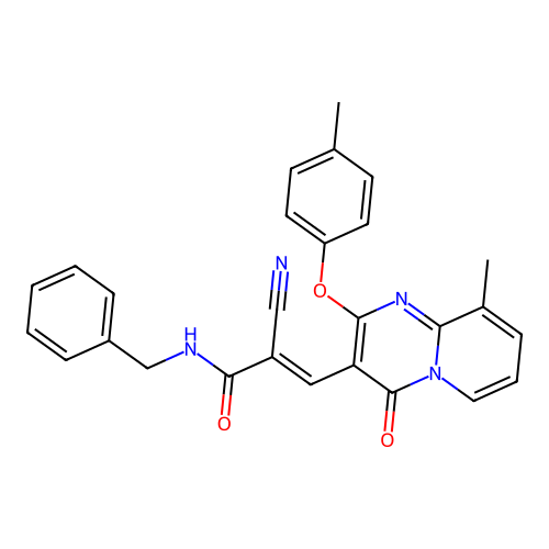 (2E)-N-benzyl-2-cyano-3-[9-methyl-2-(4-methylphenoxy)-4-oxo-4H-pyrido[1,2-a]pyrimidin-3-yl]prop-2-enamide structure