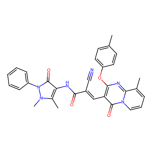 (2E)-2-cyano-N-(1,5-dimethyl-3-oxo-2-phenyl-2,3-dihydro-1H-pyrazol-4-yl)-3-[9-methyl-2-(4-methylphenoxy)-4-oxo-4H-pyrido[1,2-a]pyrimidin-3-yl]prop-2-enamide structure