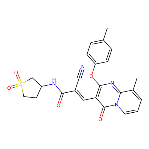 (2E)-2-cyano-N-(1,1-dioxidotetrahydrothiophen-3-yl)-3-[9-methyl-2-(4-methylphenoxy)-4-oxo-4H-pyrido[1,2-a]pyrimidin-3-yl]prop-2-enamide structure