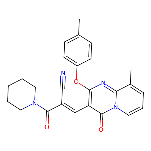 (2E)-3-[9-methyl-2-(4-methylphenoxy)-4-oxo-4H-pyrido[1,2-a]pyrimidin-3-yl]-2-(piperidin-1-ylcarbonyl)prop-2-enenitrile structure