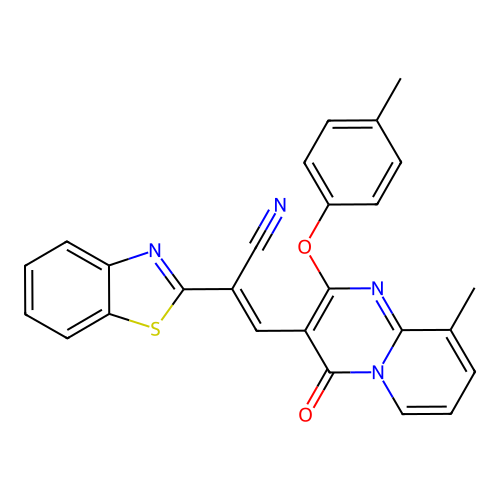 (2E)-2-(1,3-benzothiazol-2-yl)-3-[9-methyl-2-(4-methylphenoxy)-4-oxo-4H-pyrido[1,2-a]pyrimidin-3-yl]prop-2-enenitrile structure
