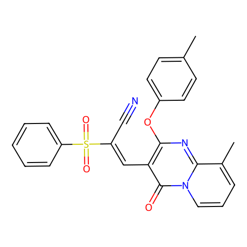 (2E)-2-(BENZENESULFONYL)-3-[9-METHYL-2-(4-METHYLPHENOXY)-4-OXO-4H-PYRIDO[1,2-A]PYRIMIDIN-3-YL]PROP-2-ENENITRILE structure
