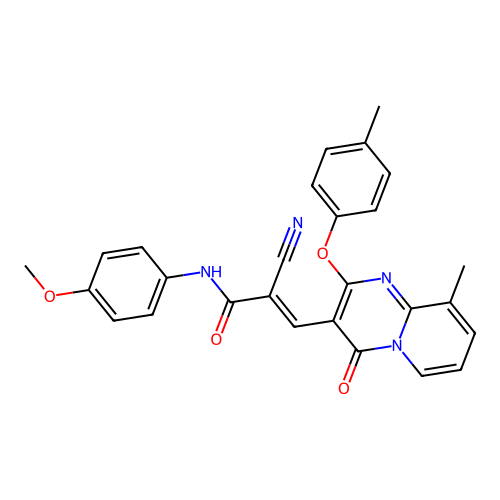 (2E)-2-cyano-N-(4-methoxyphenyl)-3-[9-methyl-2-(4-methylphenoxy)-4-oxo-4H-pyrido[1,2-a]pyrimidin-3-yl]prop-2-enamide structure
