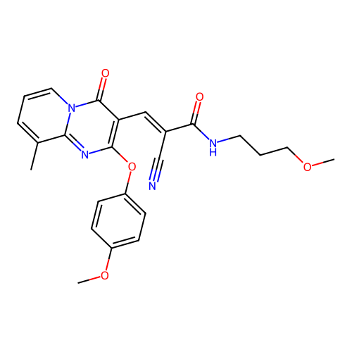 (2E)-2-cyano-3-[2-(4-methoxyphenoxy)-9-methyl-4-oxo-4H-pyrido[1,2-a]pyrimidin-3-yl]-N-(3-methoxypropyl)prop-2-enamide structure