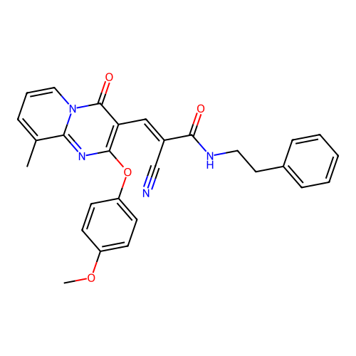 (2E)-2-cyano-3-[2-(4-methoxyphenoxy)-9-methyl-4-oxo-4H-pyrido[1,2-a]pyrimidin-3-yl]-N-(2-phenylethyl)prop-2-enamide structure