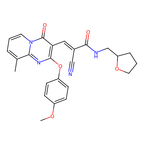 (2E)-2-cyano-3-[2-(4-methoxyphenoxy)-9-methyl-4-oxo-4H-pyrido[1,2-a]pyrimidin-3-yl]-N-(tetrahydrofuran-2-ylmethyl)prop-2-enamide structure