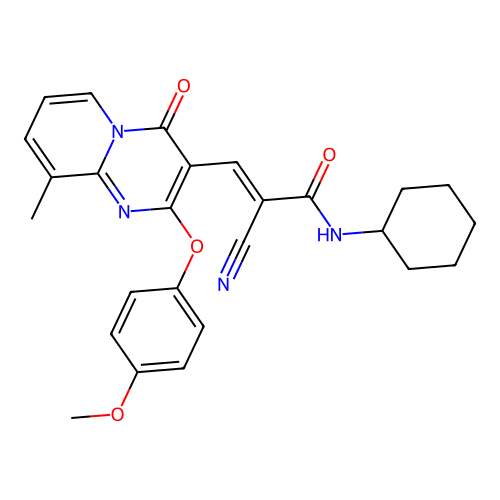 (2E)-2-cyano-N-cyclohexyl-3-[2-(4-methoxyphenoxy)-9-methyl-4-oxo-4H-pyrido[1,2-a]pyrimidin-3-yl]prop-2-enamide structure