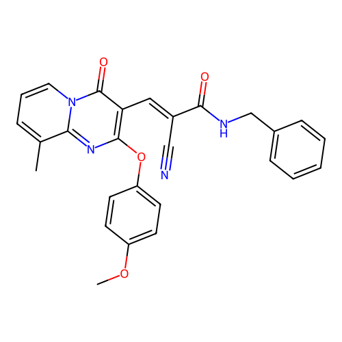 (2E)-N-benzyl-2-cyano-3-[2-(4-methoxyphenoxy)-9-methyl-4-oxo-4H-pyrido[1,2-a]pyrimidin-3-yl]prop-2-enamide structure