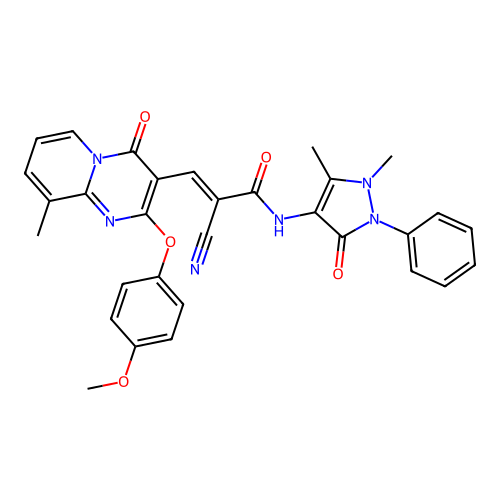 (E)-2-cyano-N-(1,5-dimethyl-3-oxo-2-phenyl-2,3-dihydro-1H-pyrazol-4-yl)-3-(2-(4-methoxyphenoxy)-9-methyl-4-oxo-4H-pyrido[1,2-a]pyrimidin-3-yl)acrylamide structure