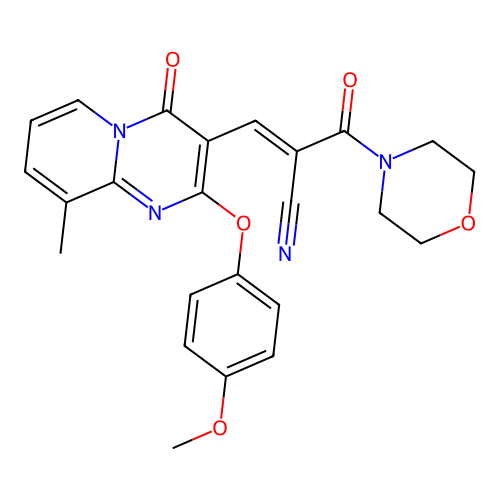 (2E)-3-[2-(4-methoxyphenoxy)-9-methyl-4-oxo-4H-pyrido[1,2-a]pyrimidin-3-yl]-2-(morpholin-4-ylcarbonyl)prop-2-enenitrile structure