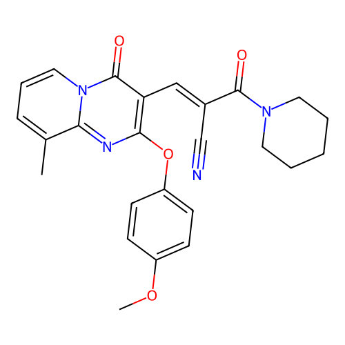(2E)-3-[2-(4-methoxyphenoxy)-9-methyl-4-oxo-4H-pyrido[1,2-a]pyrimidin-3-yl]-2-(piperidin-1-ylcarbonyl)prop-2-enenitrile structure