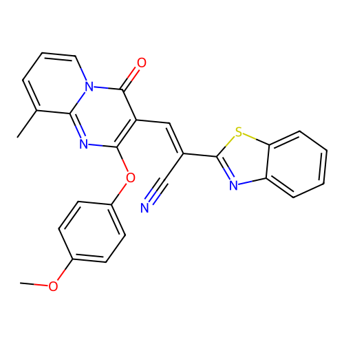 (E)-2-(benzo[d]thiazol-2-yl)-3-(2-(4-methoxyphenoxy)-9-methyl-4-oxo-4H-pyrido[1,2-a]pyrimidin-3-yl)acrylonitrile structure