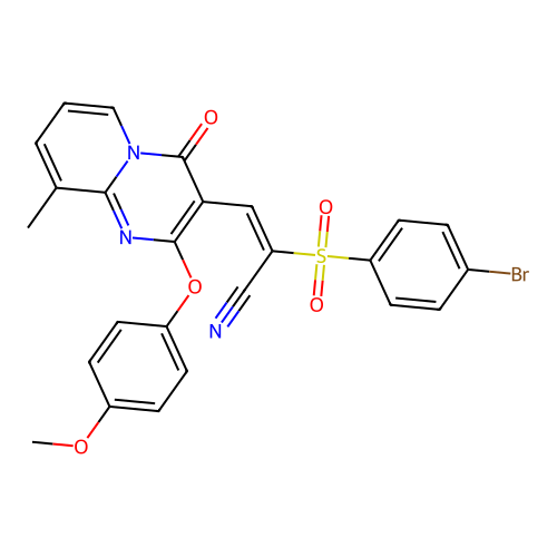 (E)-2-((4-bromophenyl)sulfonyl)-3-(2-(4-methoxyphenoxy)-9-methyl-4-oxo-4H-pyrido[1,2-a]pyrimidin-3-yl)acrylonitrile structure
