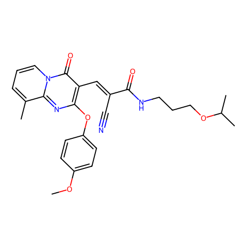 (2E)-2-cyano-3-[2-(4-methoxyphenoxy)-9-methyl-4-oxo-4H-pyrido[1,2-a]pyrimidin-3-yl]-N-[3-(propan-2-yloxy)propyl]prop-2-enamide structure