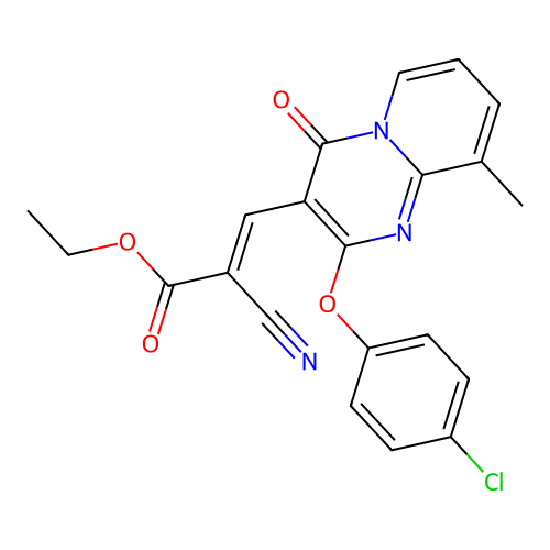 ethyl (2E)-3-[2-(4-chlorophenoxy)-9-methyl-4-oxo-4H-pyrido[1,2-a]pyrimidin-3-yl]-2-cyanoprop-2-enoate structure
