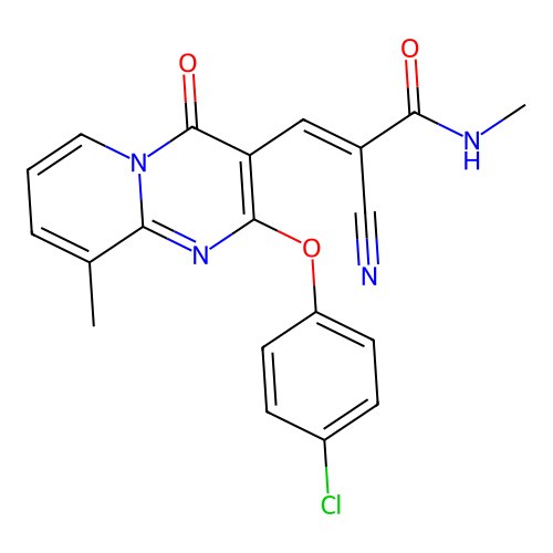 (2E)-3-[2-(4-chlorophenoxy)-9-methyl-4-oxo-4H-pyrido[1,2-a]pyrimidin-3-yl]-2-cyano-N-methylprop-2-enamide structure