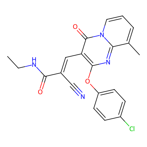 (2E)-3-[2-(4-chlorophenoxy)-9-methyl-4-oxo-4H-pyrido[1,2-a]pyrimidin-3-yl]-2-cyano-N-ethylprop-2-enamide structure