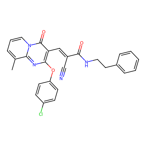 (2E)-3-[2-(4-chlorophenoxy)-9-methyl-4-oxo-4H-pyrido[1,2-a]pyrimidin-3-yl]-2-cyano-N-(2-phenylethyl)prop-2-enamide structure