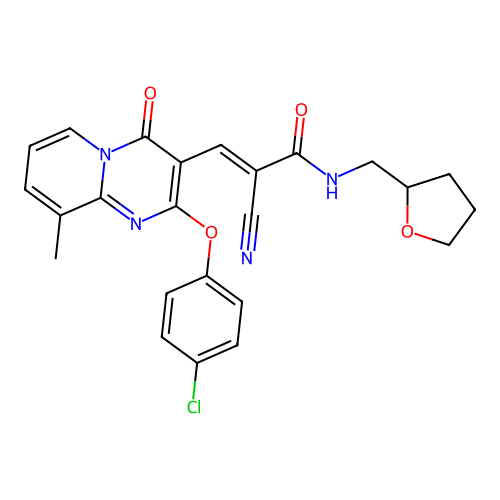 (2E)-3-[2-(4-chlorophenoxy)-9-methyl-4-oxo-4H-pyrido[1,2-a]pyrimidin-3-yl]-2-cyano-N-(tetrahydrofuran-2-ylmethyl)prop-2-enamide structure