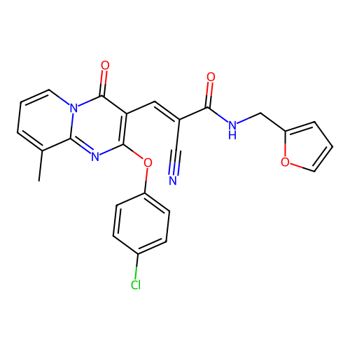 (2E)-3-[2-(4-chlorophenoxy)-9-methyl-4-oxo-4H-pyrido[1,2-a]pyrimidin-3-yl]-2-cyano-N-(furan-2-ylmethyl)prop-2-enamide structure