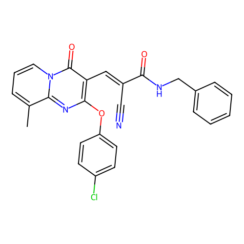 (2E)-N-benzyl-3-[2-(4-chlorophenoxy)-9-methyl-4-oxo-4H-pyrido[1,2-a]pyrimidin-3-yl]-2-cyanoprop-2-enamide structure