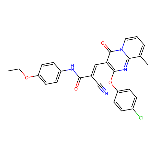 (2E)-3-[2-(4-chlorophenoxy)-9-methyl-4-oxo-4H-pyrido[1,2-a]pyrimidin-3-yl]-2-cyano-N-(4-ethoxyphenyl)prop-2-enamide structure