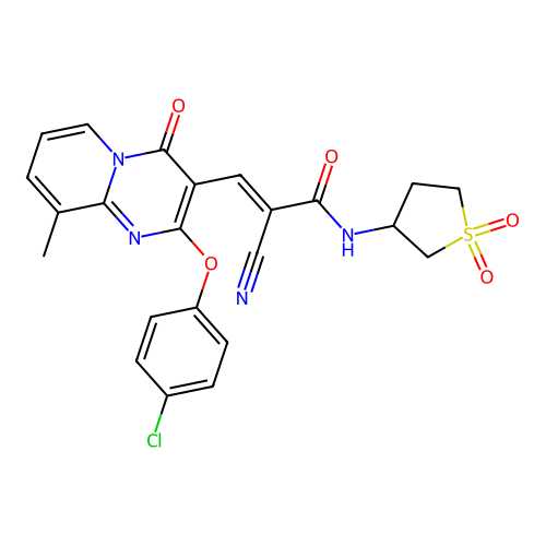 (2E)-3-[2-(4-chlorophenoxy)-9-methyl-4-oxo-4H-pyrido[1,2-a]pyrimidin-3-yl]-2-cyano-N-(1,1-dioxidotetrahydrothiophen-3-yl)prop-2-enamide structure