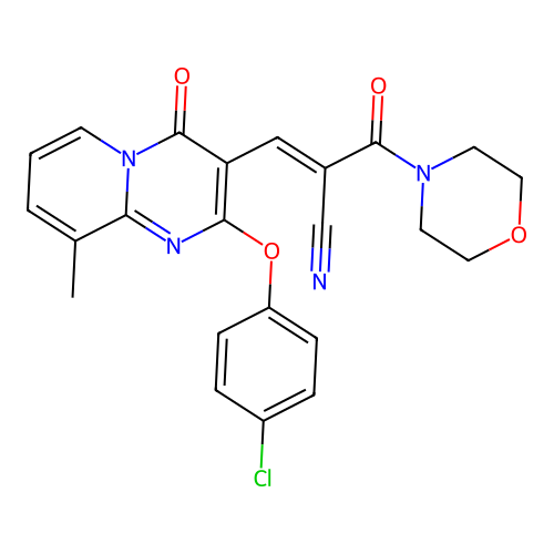 (2E)-3-[2-(4-chlorophenoxy)-9-methyl-4-oxo-4H-pyrido[1,2-a]pyrimidin-3-yl]-2-(morpholin-4-ylcarbonyl)prop-2-enenitrile structure