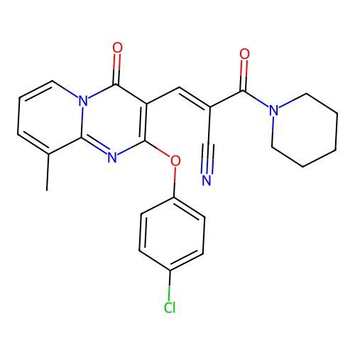 (2E)-3-[2-(4-chlorophenoxy)-9-methyl-4-oxo-4H-pyrido[1,2-a]pyrimidin-3-yl]-2-(piperidin-1-ylcarbonyl)prop-2-enenitrile structure