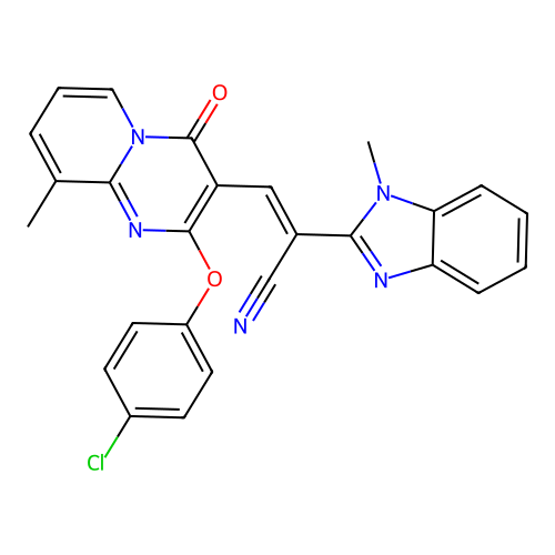 (2E)-3-[2-(4-chlorophenoxy)-9-methyl-4-oxo(5-hydropyridino[1,2-a]pyrimidin-3-y l)]-2-(1-methylbenzimidazol-2-yl)prop-2-enenitrile structure