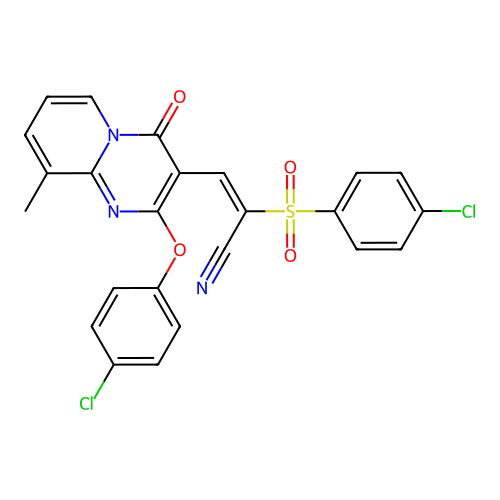 (2E)-3-[2-(4-chlorophenoxy)-9-methyl-4-oxo-4H-pyrido[1,2-a]pyrimidin-3-yl]-2-[(4-chlorophenyl)sulfonyl]prop-2-enenitrile structure