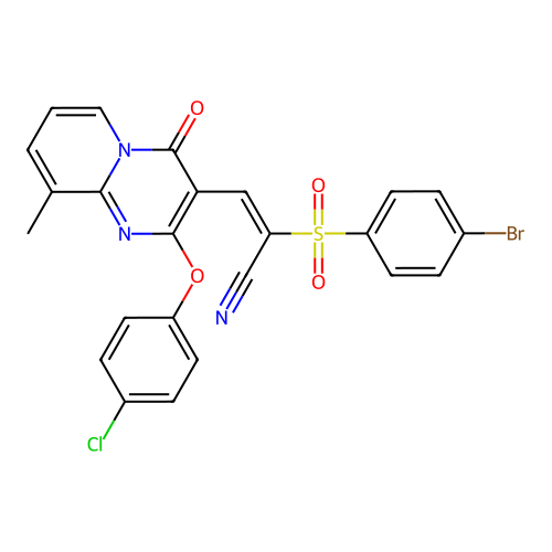 (E)-2-((4-bromophenyl)sulfonyl)-3-(2-(4-chlorophenoxy)-9-methyl-4-oxo-4H-pyrido[1,2-a]pyrimidin-3-yl)acrylonitrile structure